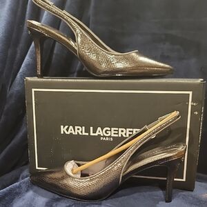 Karl Lagerfeld Paris Rosalyn Dark Slate Snakeprint Leather Slingback Heels US 10